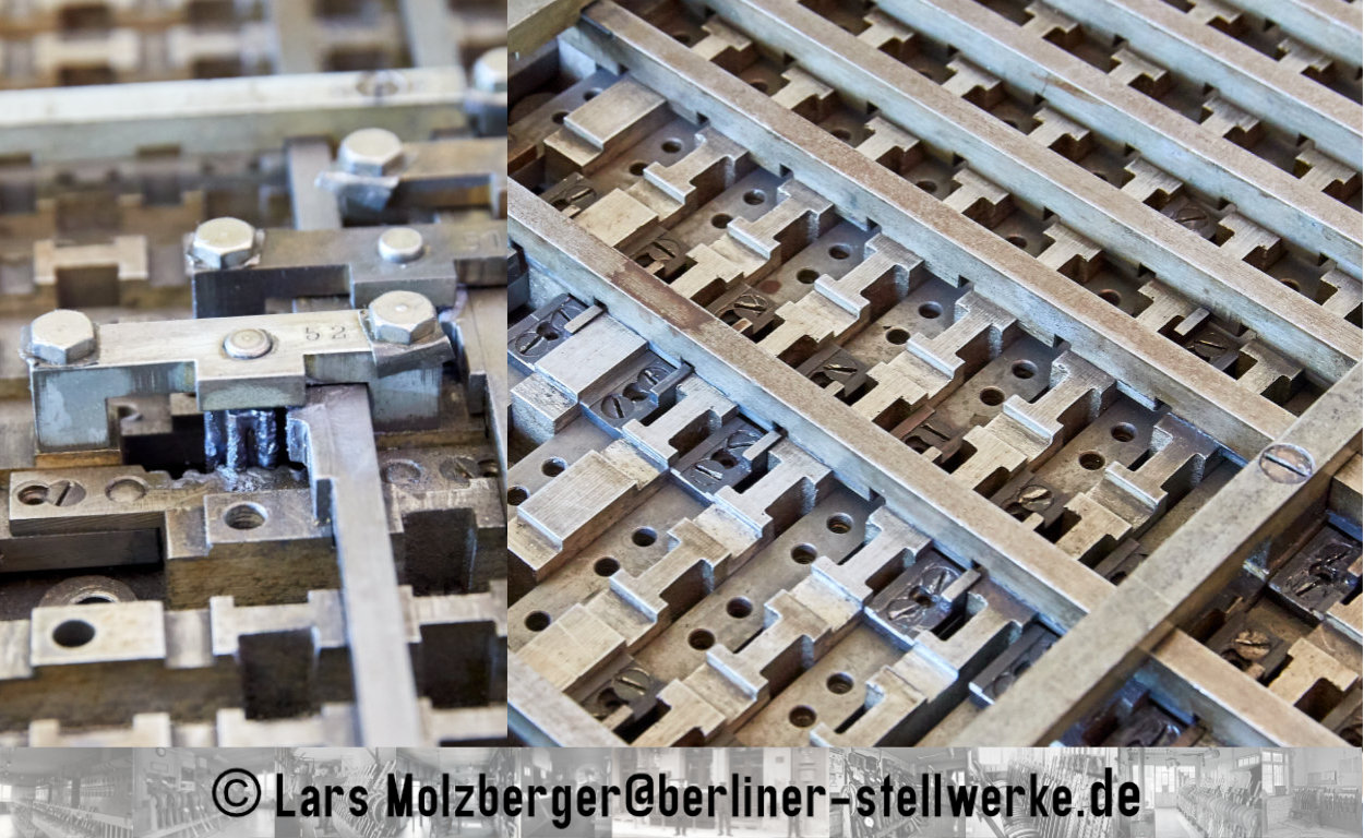 Links die Übertragungsvorrichtung von der Zahn- auf die Schubstange mittels Zahnrad. Rechts Details des Verschlussregisters mit Verschlussstück 333