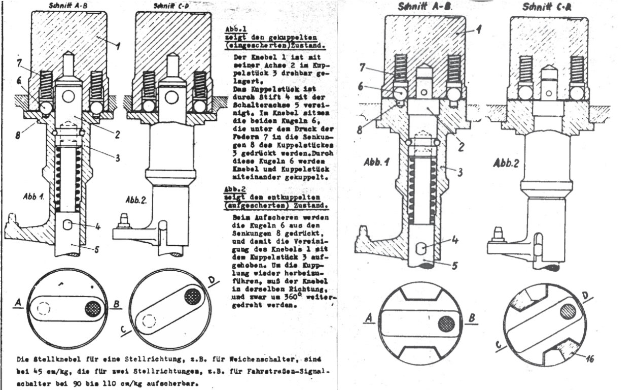 Weichenhebel der Bauform 1932 (links) und 1937. Zeichnung Slg Lars Molzberger