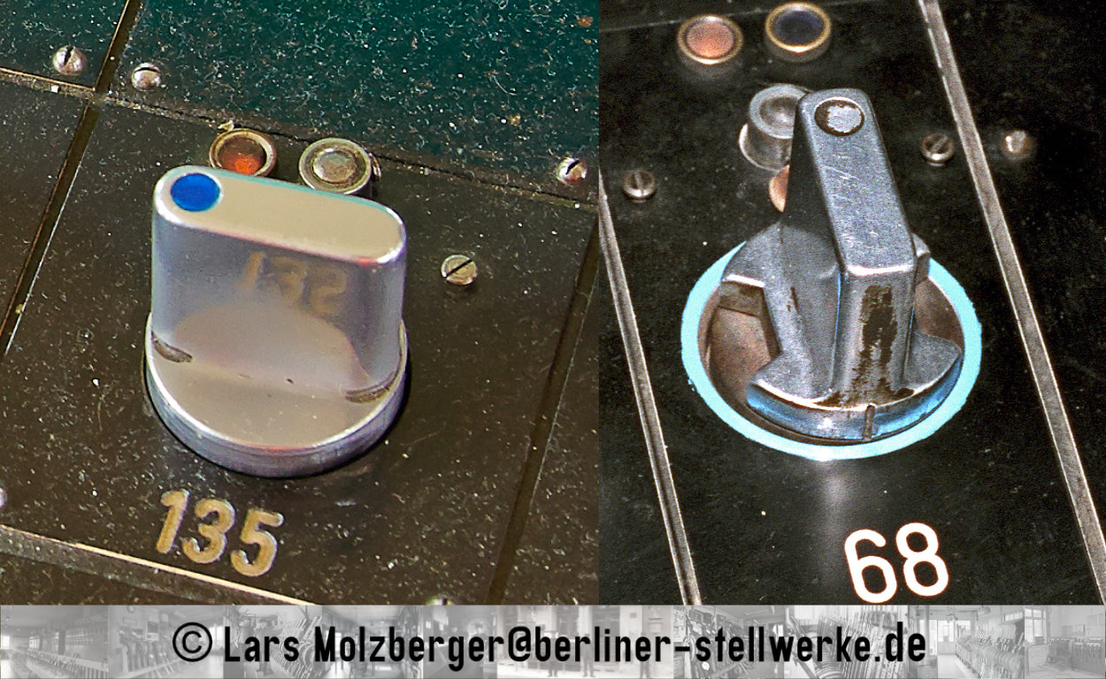 Die Weichenhebel der Ausführungsform 1932 und 1937 examplarisch zur Verdeutlichung. Sehr gut erkennbar ist hier die um 22 mm reduzierte Hebelteilung beim VES 2R-Hebelwerk (W68) Foto Lars Molzberger