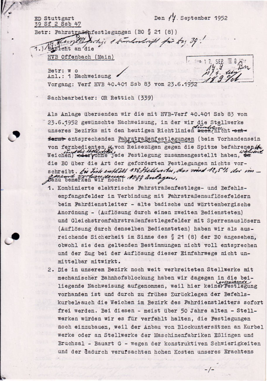 Die erste Seite des Berichts an die HVB vom 17. September 1952. Slg Stefan Braun