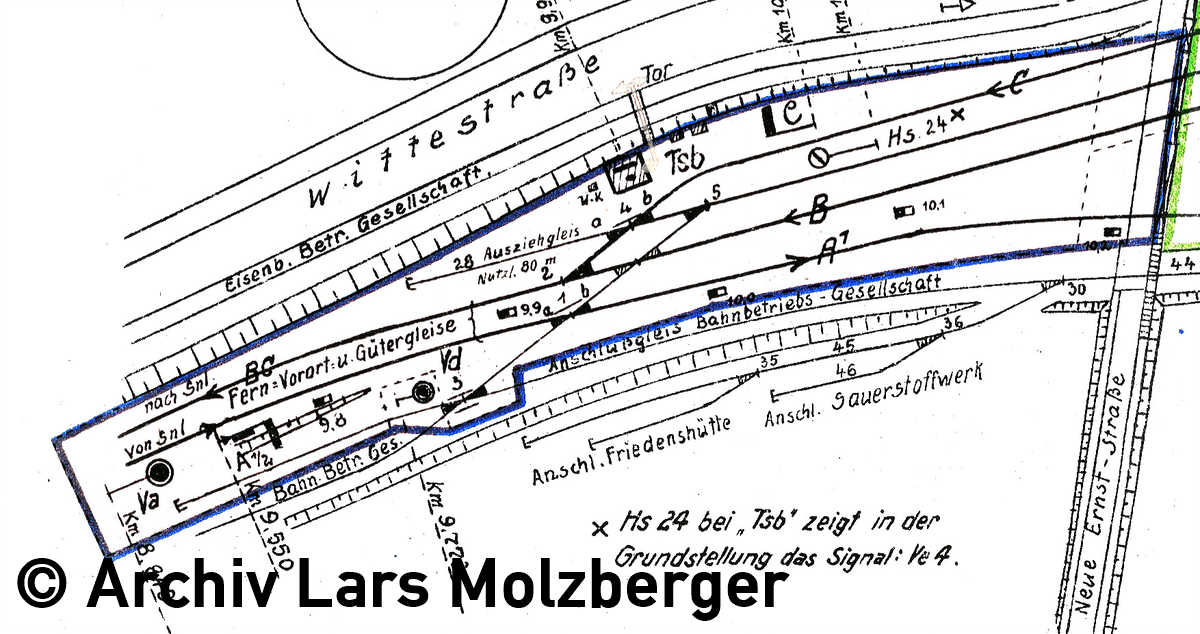 Der Stellwerksbezirk Tsb ist  1936 um die doppelte Kreuzungsweiche 3 erweitert. Archiv Lars Molzberger